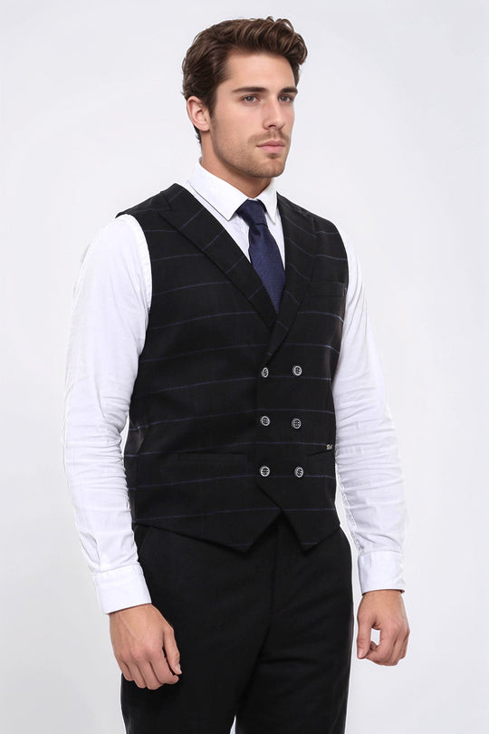 Plaid Double Breasted Collared Black Men Vest - Wessi