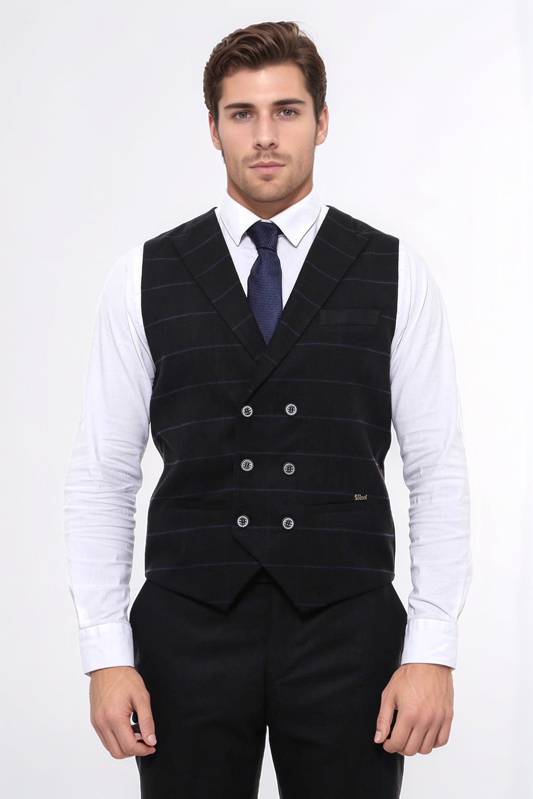 Plaid Double Breasted Collared Black Men Vest Wessi - Main Image