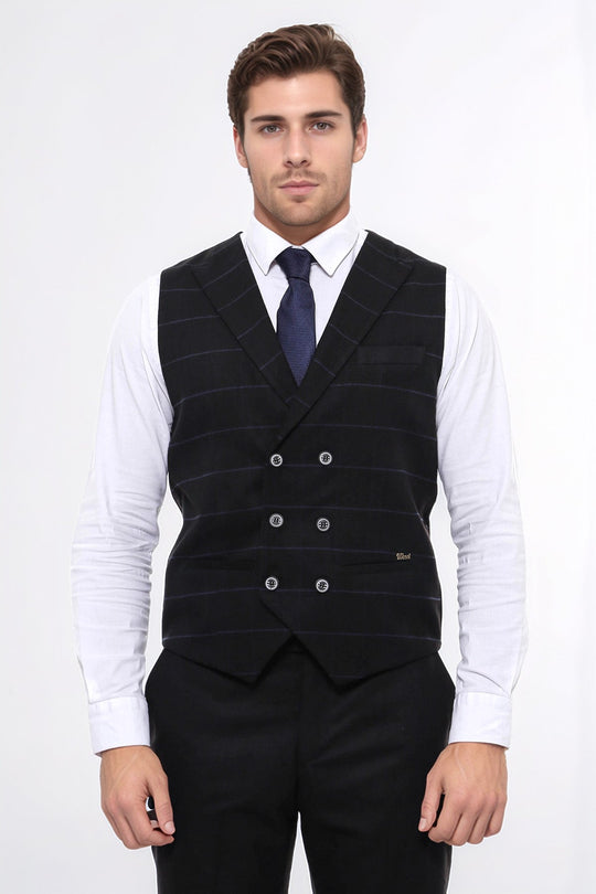 Plaid Double Breasted Collared Black Men Vest - Wessi