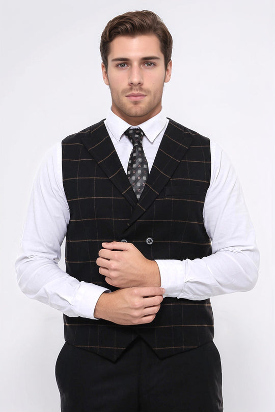 Double Breasted Plaid Black Men Vest - Wessi