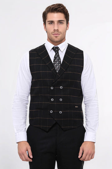Double Breasted Plaid Black Men Vest - Wessi