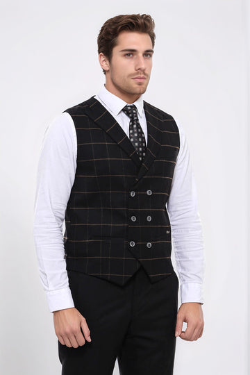 Double Breasted Plaid Black Men Vest - Wessi