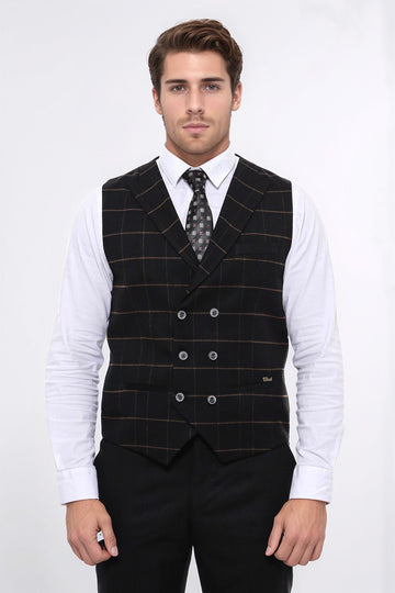 Double Breasted Plaid Black Men Vest - Wessi