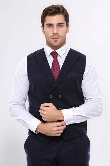 Double Breasted Plaid Navy Blue Men's Vest - Wessi