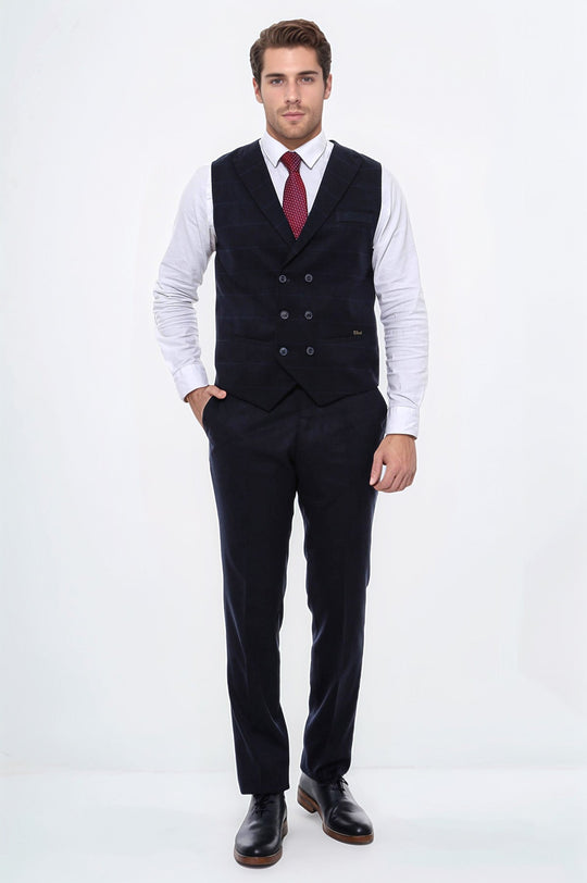 Double Breasted Plaid Navy Blue Men's Vest - Wessi