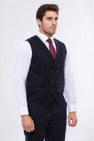 Double Breasted Plaid Navy Blue Men's Vest - Wessi