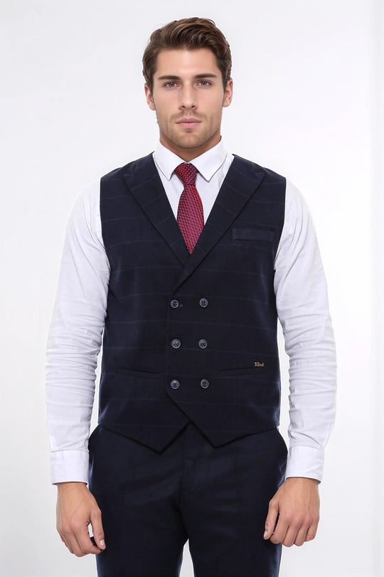 Double Breasted Plaid Navy Blue Men's Vest - Wessi