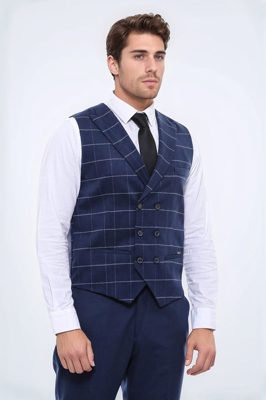 Double Breasted Plaid Blue Men Vest - Wessi US40 Double Breasted Plaid Blue Men Vest - Wessi US40