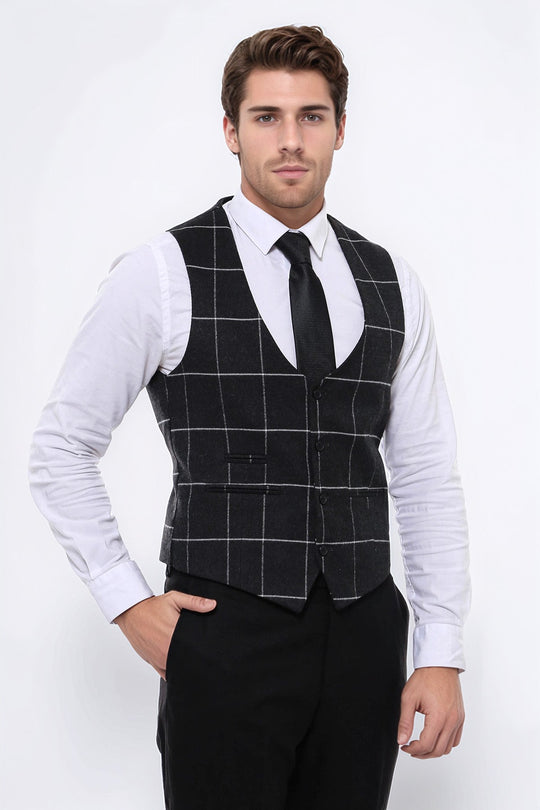 Checked V Neck Anthracite Men Vest - Wessi