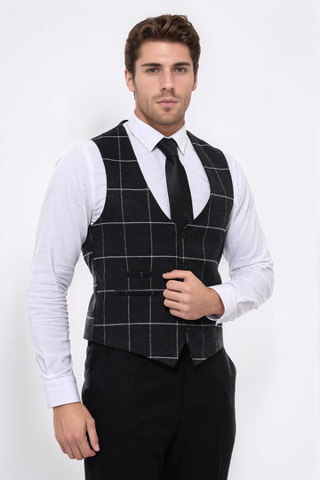 Checked V Neck Anthracite Men Vest - Wessi