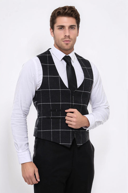 Checked V Neck Anthracite Men Vest - Wessi