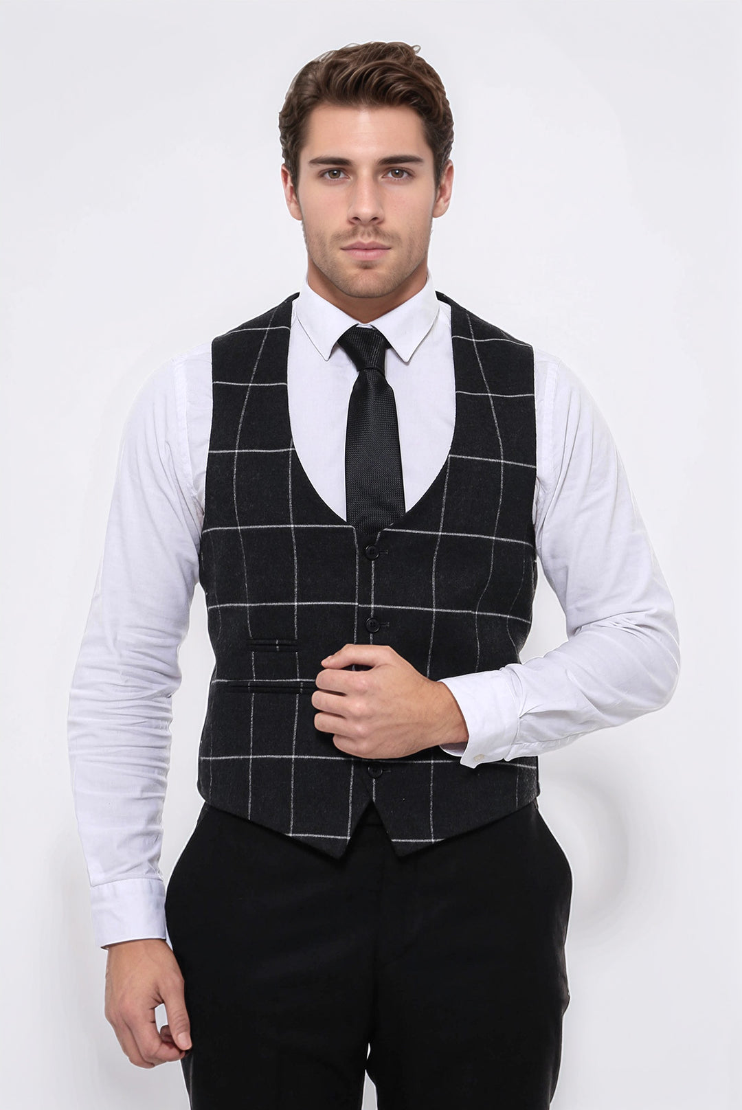 Checked V Neck Anthracite Men Vest - Wessi