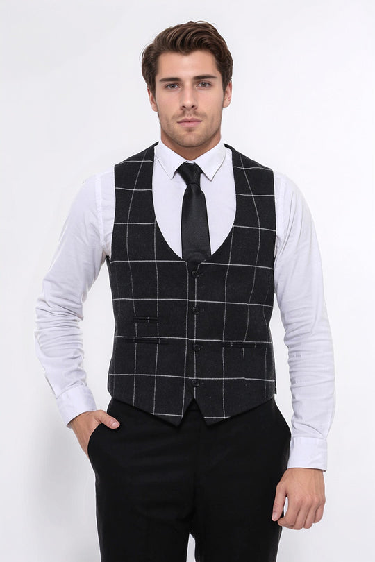 Checked V Neck Anthracite Men Vest - Wessi