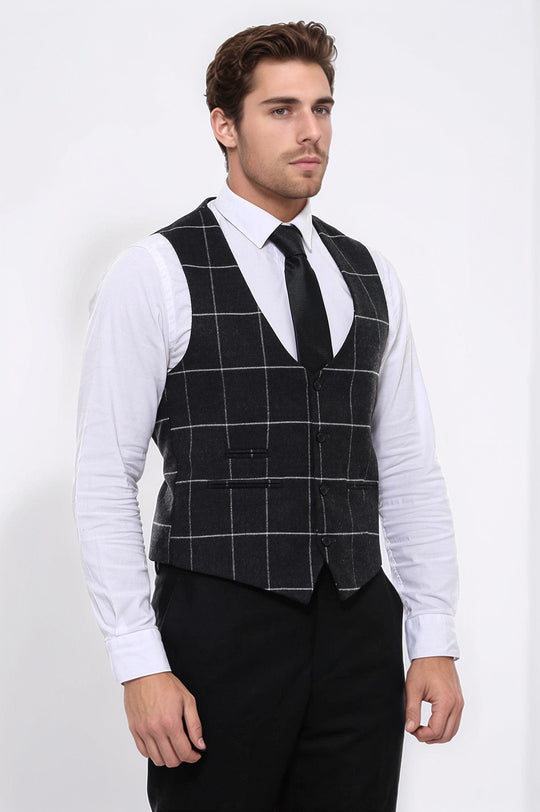 Checked V Neck Anthracite Men Vest - Wessi