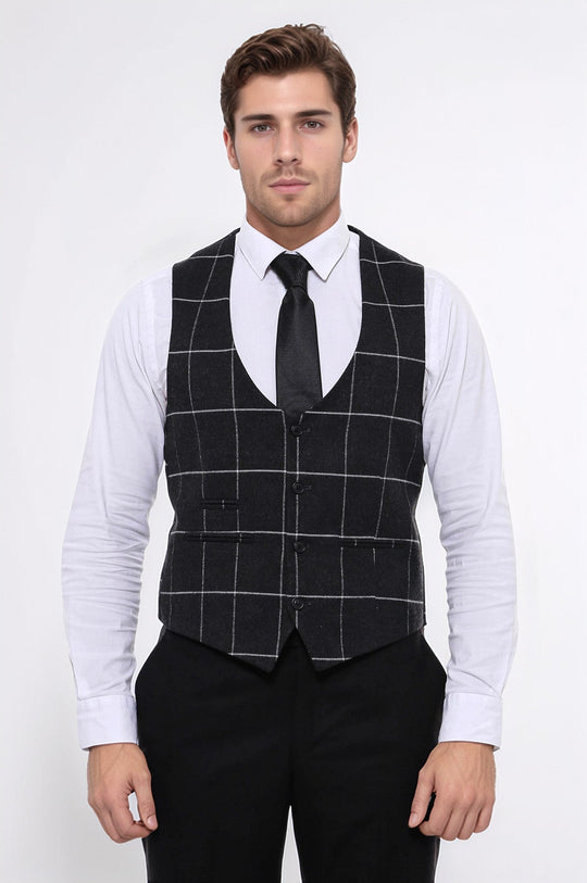Checked V Neck Anthracite Men Vest - Wessi