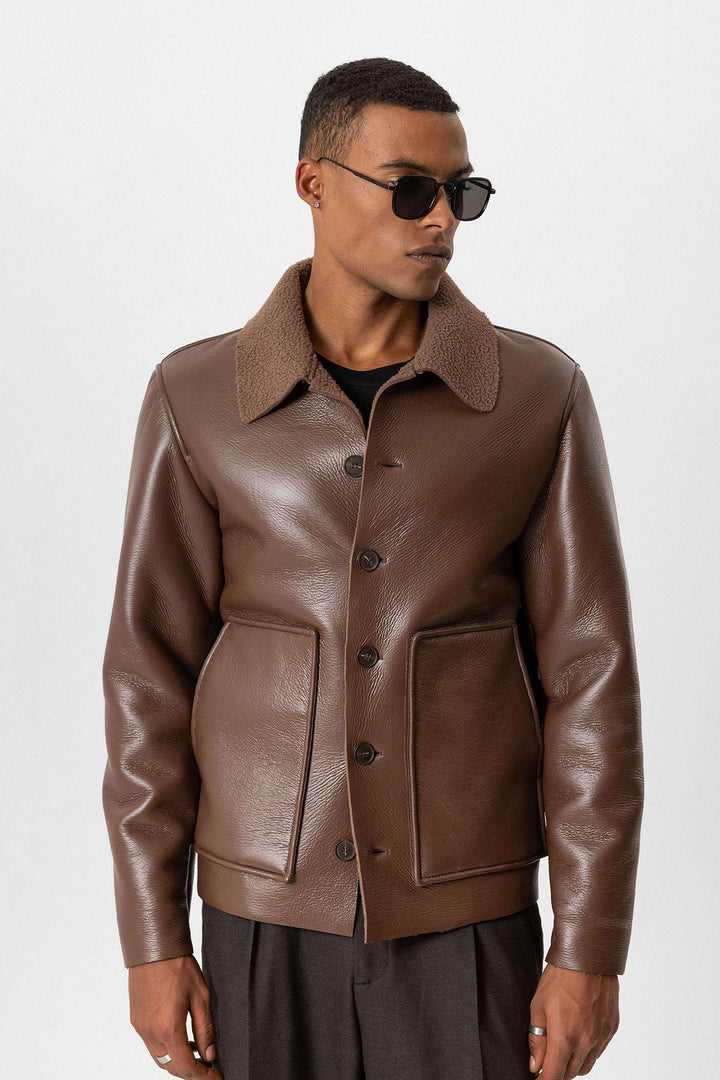Light Brown Lined Faux Leather Men's Jacket - Wessi