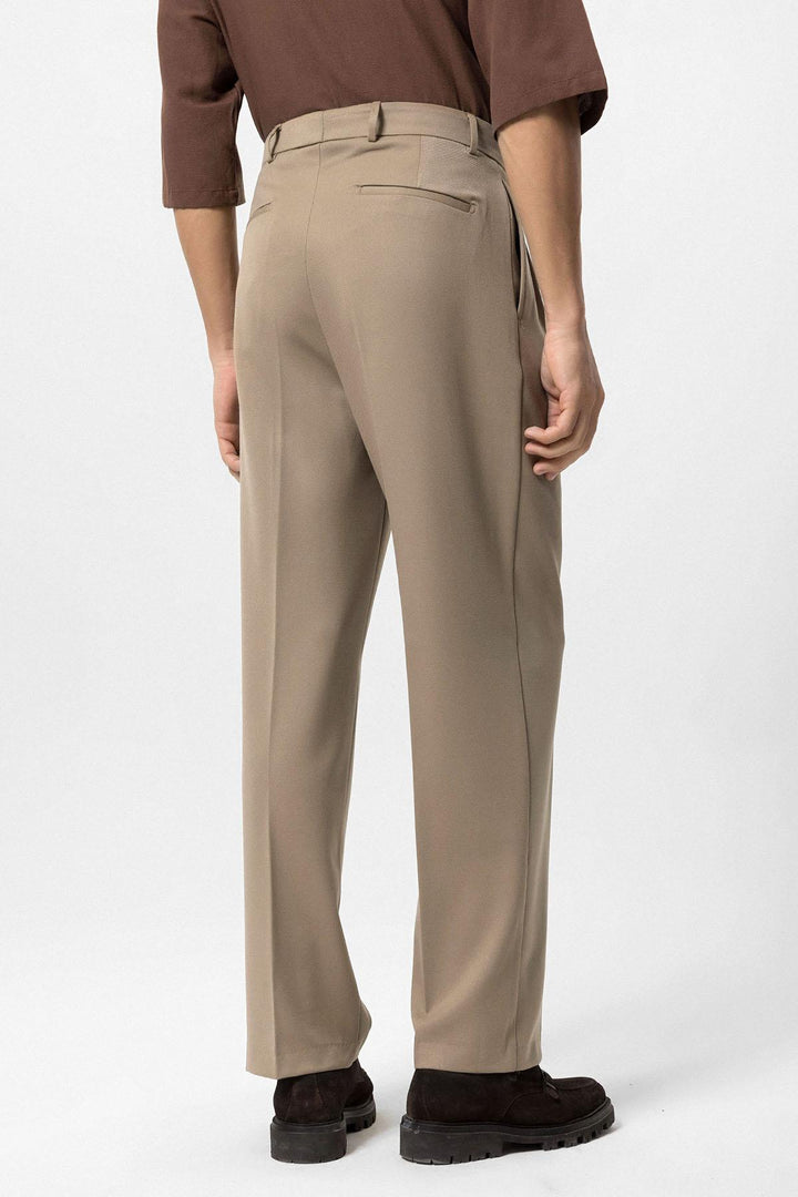 Men's Light Brown High-Waist Pleated Relaxed Fit Pants - Wessi