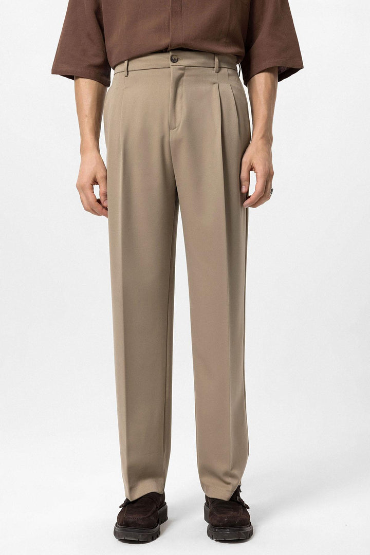 Men's Light Brown High-Waist Pleated Relaxed Fit Pants - Wessi