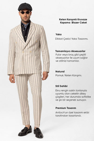 Men's Ecru-Black Linen Blend Double-Breasted Jacket - Wessi