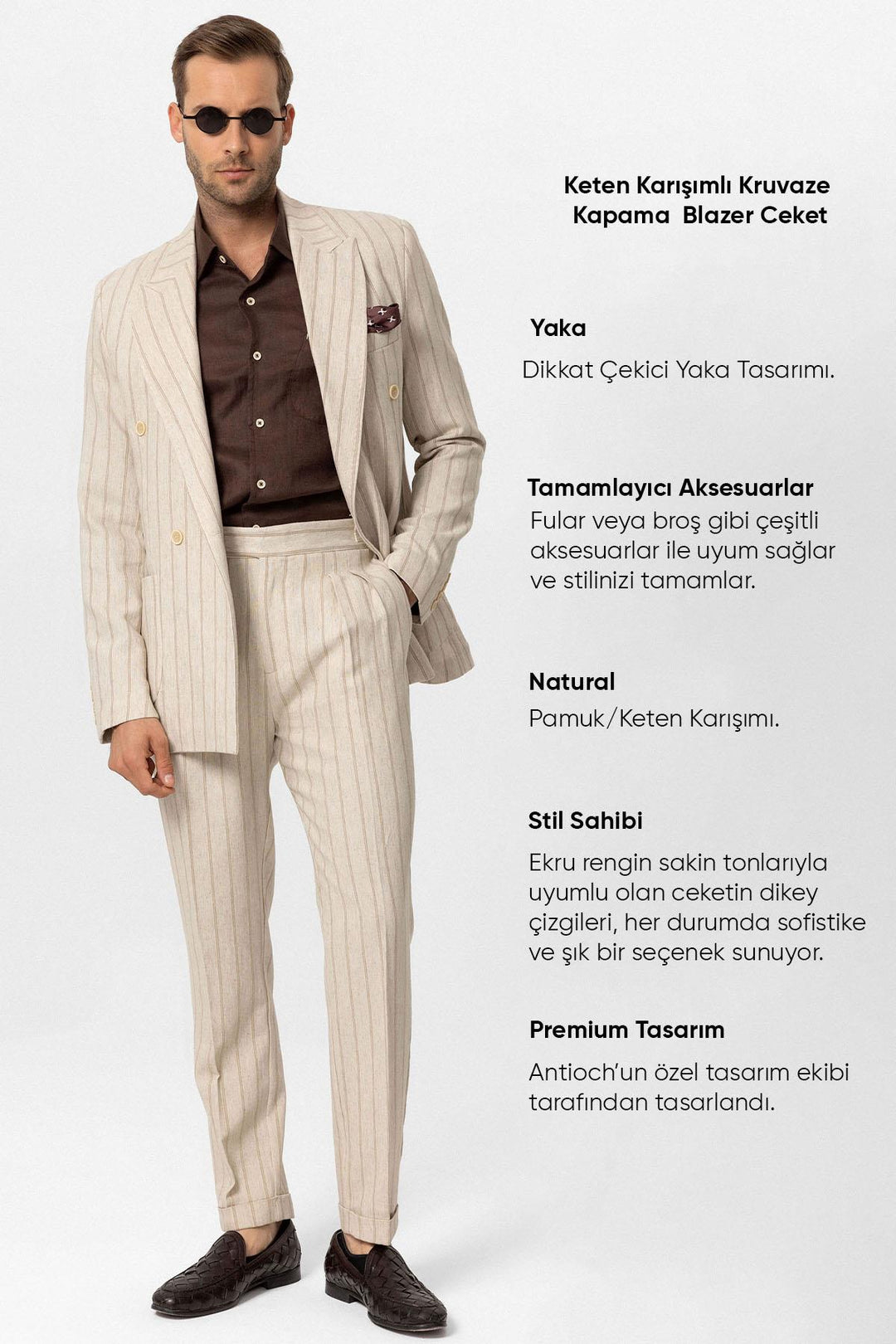 Men's Ecru-Mink Vizon Linen Blend Double-Breasted Jacket - Wessi