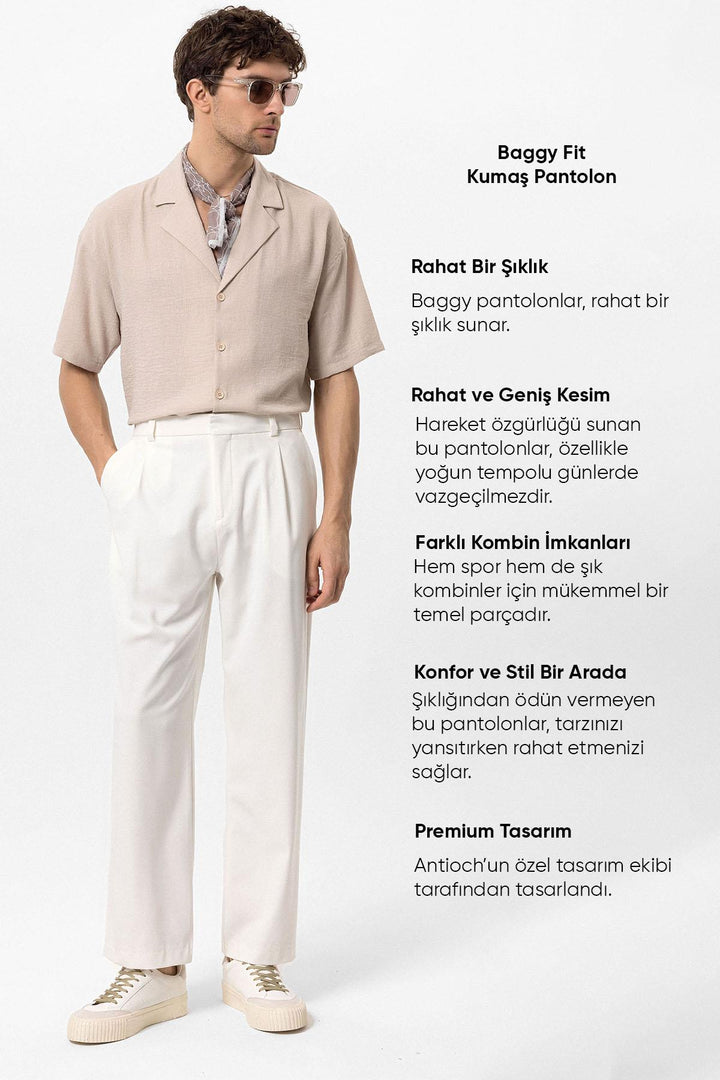 Men's Ecru High-Waisted Baggy  Pants - Wessi