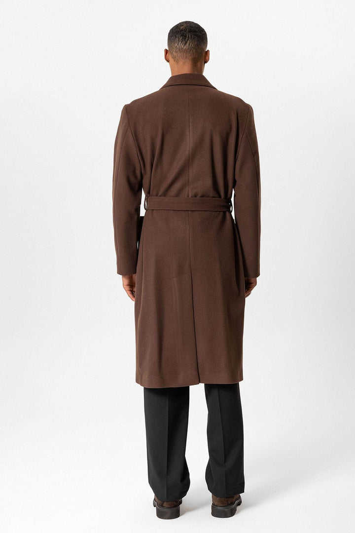Brown Belted Bag Pocketed Men's Coat - Wessi