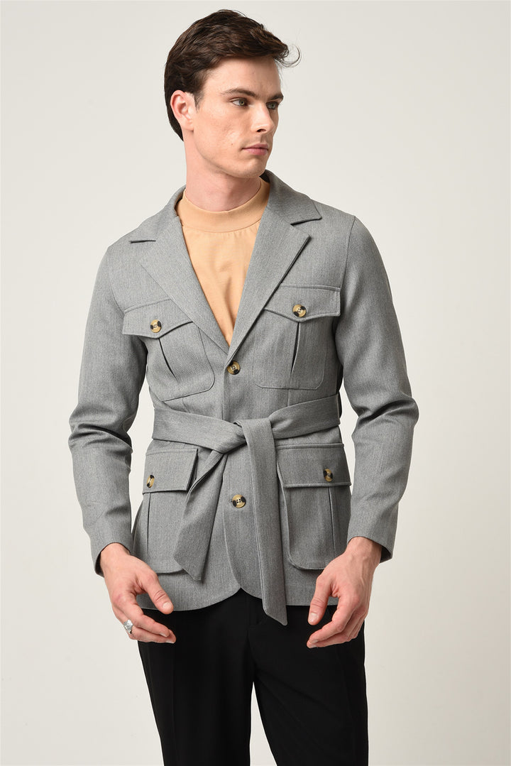 Men's Light Grey Jacket Collar Belted Seasonal Coat - Wessi