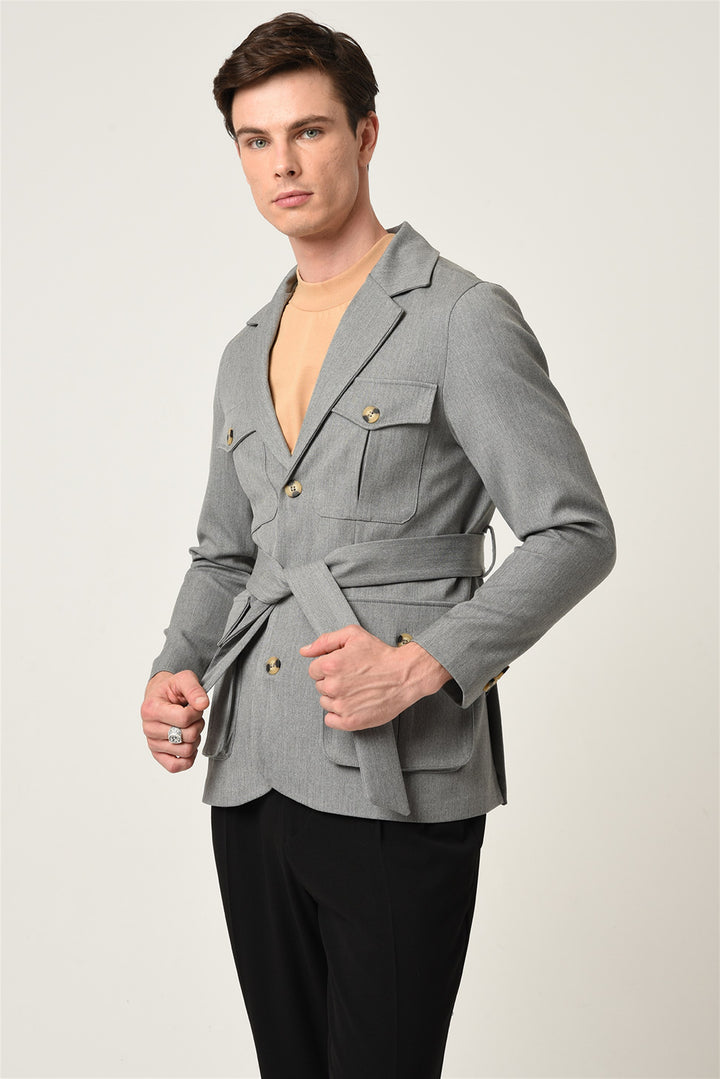 Men's Light Grey Jacket Collar Belted Seasonal Coat - Wessi