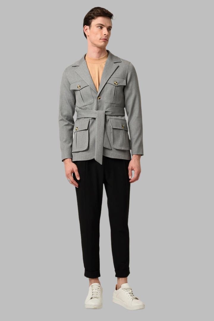 Men's Light Grey Jacket Collar Belted Seasonal Coat - Wessi