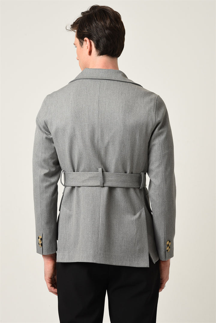 Men's Light Grey Jacket Collar Belted Seasonal Coat - Wessi