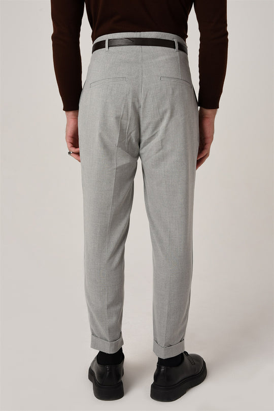 Men's Light Grey High Waist Belted Trousers - Wessi