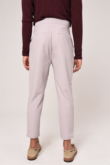 Men's Light Grey High Waist Buckle Belt Pleated Fabric Trousers - Wessi