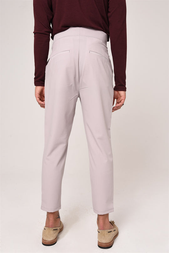Men's Light Grey High Waist Buckle Belt Pleated Fabric Trousers - Wessi
