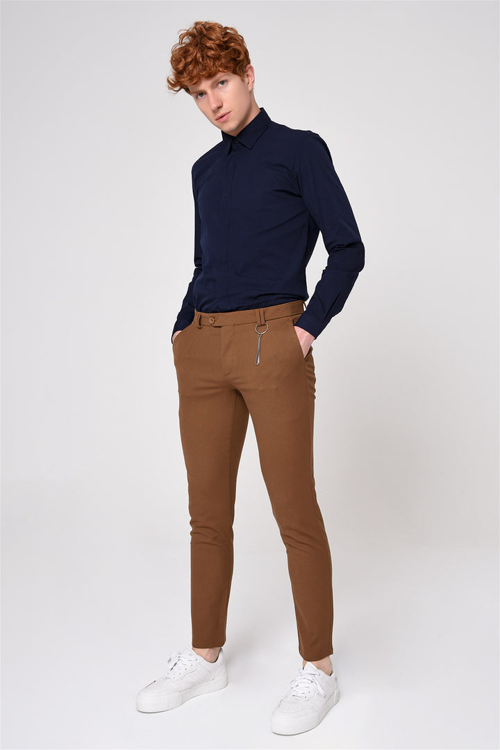 Men's Light Brown Slim Fit Straight Accessory Fabric Trousers - Wessi