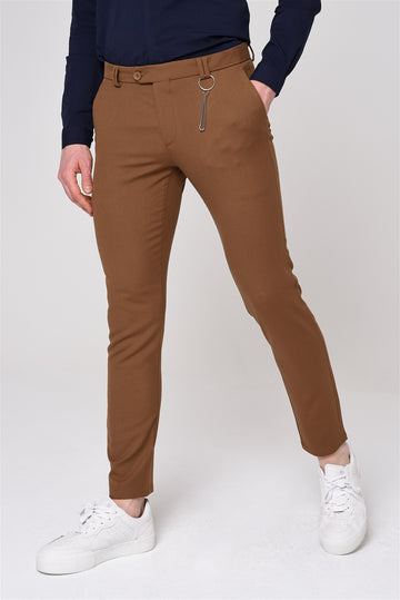 Pantalon Homme Marron Clair Coupe Slim Droit En Tissu Accessoire - Wessi