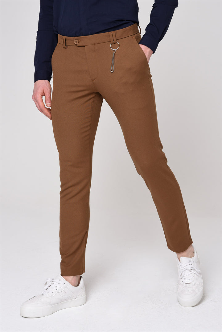 Men's Light Brown Slim Fit Straight Accessory Fabric Trousers - Wessi