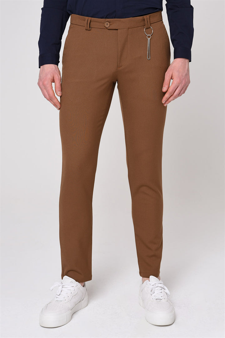 Men's Light Brown Slim Fit Straight Accessory Fabric Trousers - Wessi