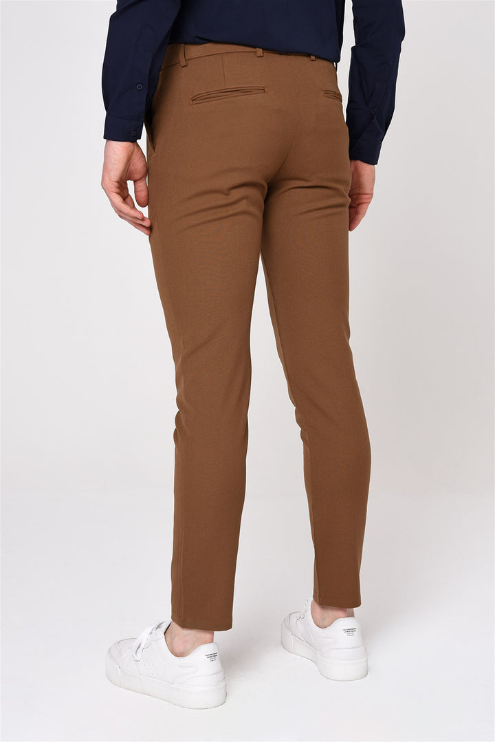 Men's Light Brown Slim Fit Straight Accessory Fabric Trousers - Wessi