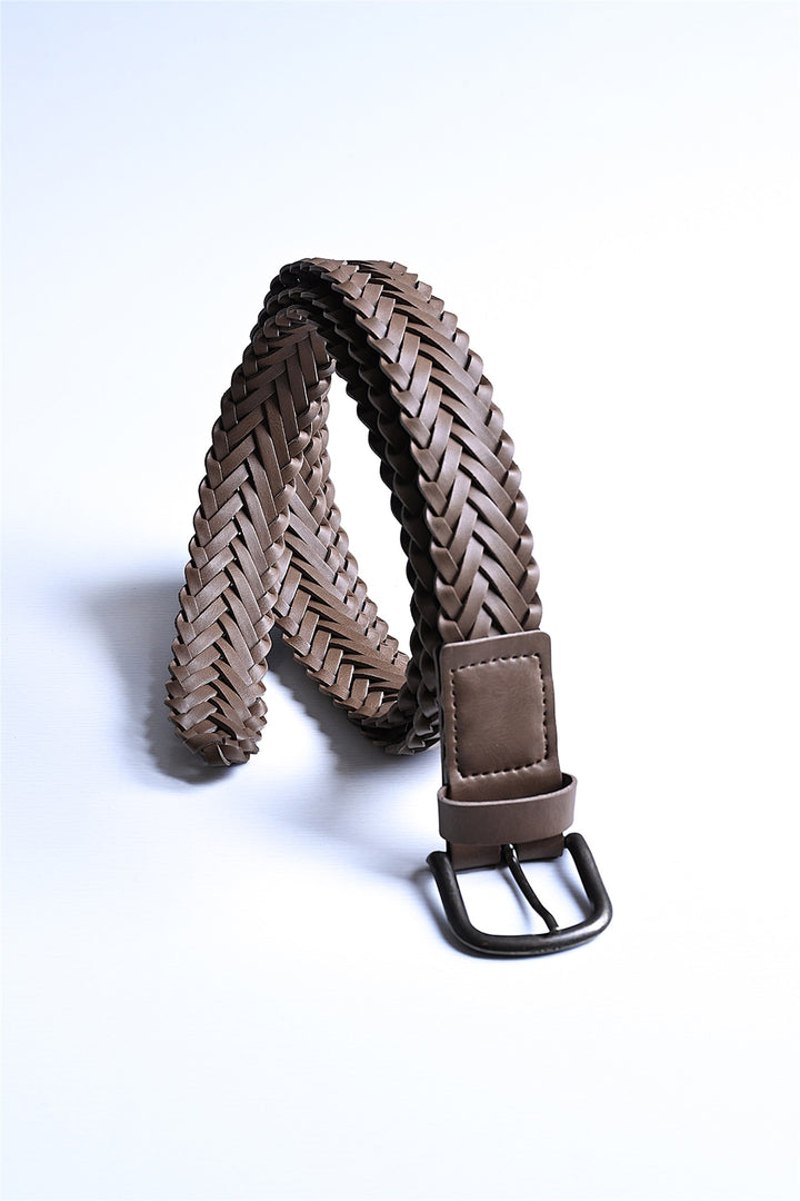 Men's Light Brown Faux Leather Knitted  Belt - Wessi