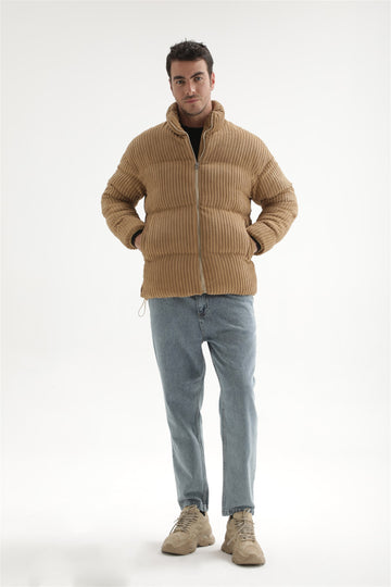 Men's Beige Vertical Collar Corduroy Inflatable Coat - Wessi
