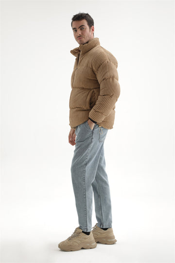 Men's Beige Vertical Collar Corduroy Inflatable Coat - Wessi