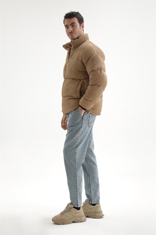 Men's Beige Vertical Collar Corduroy Inflatable Coat - Wessi