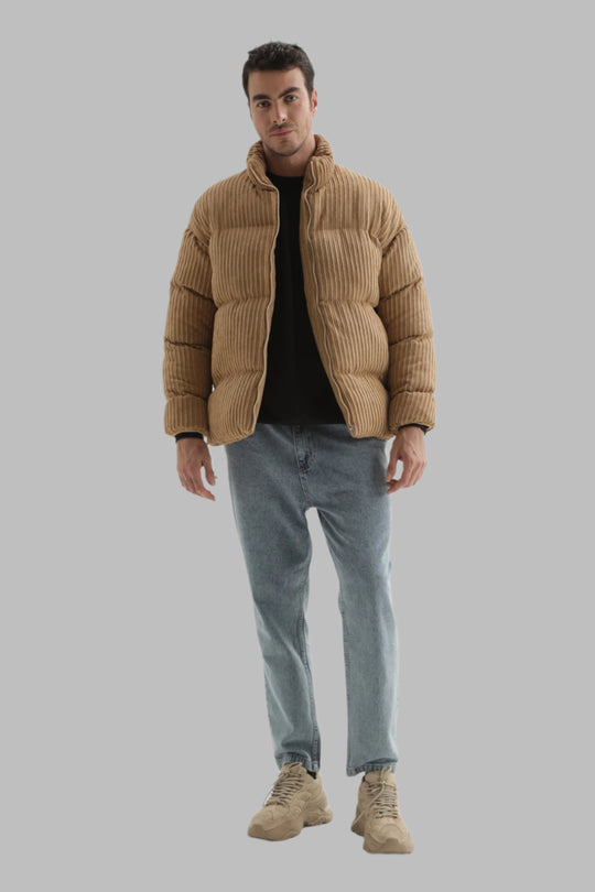 Men's Beige Vertical Collar Corduroy Inflatable Coat - Wessi