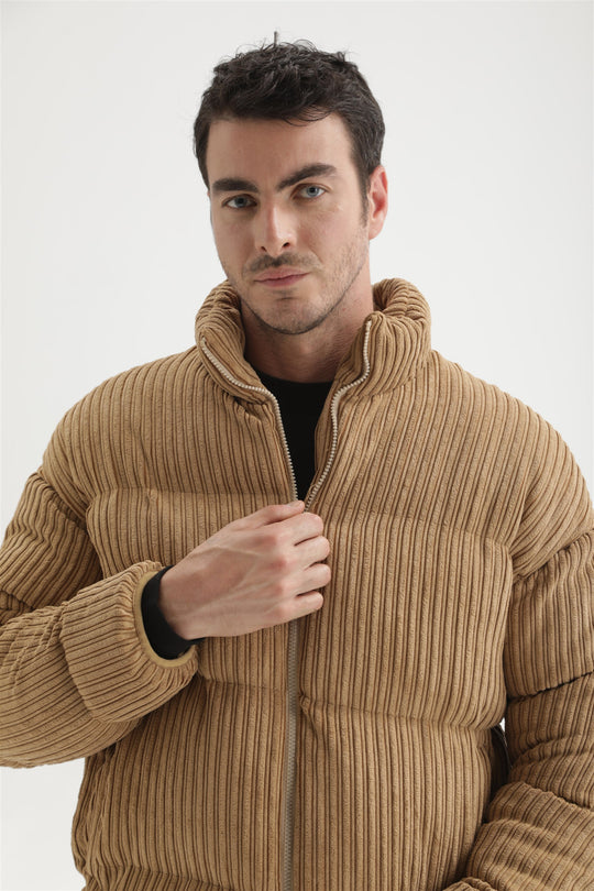 Men's Beige Vertical Collar Corduroy Inflatable Coat - Wessi