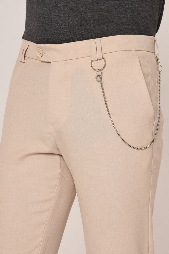 Pantalon Homme Beige Coupe Slim Droit En Tissu Accessoire - Wessi