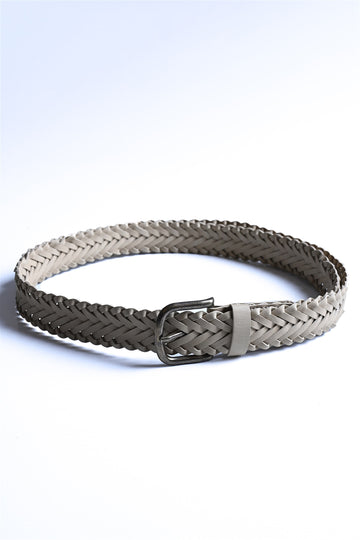 Men's Beige Faux Leather Knitted  Belt - Wessi