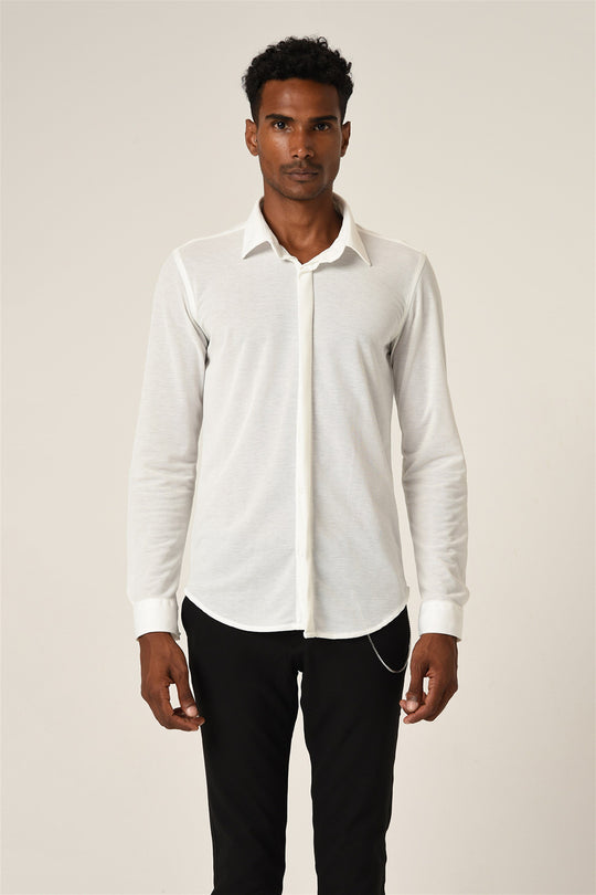 Men's White Hidden Button Long Sleeve Slim Fit Knitwear Shirt - Wessi