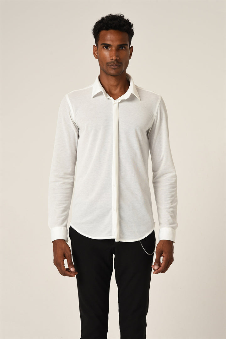 Men's White Hidden Button Long Sleeve Slim Fit Knitwear Shirt - Wessi