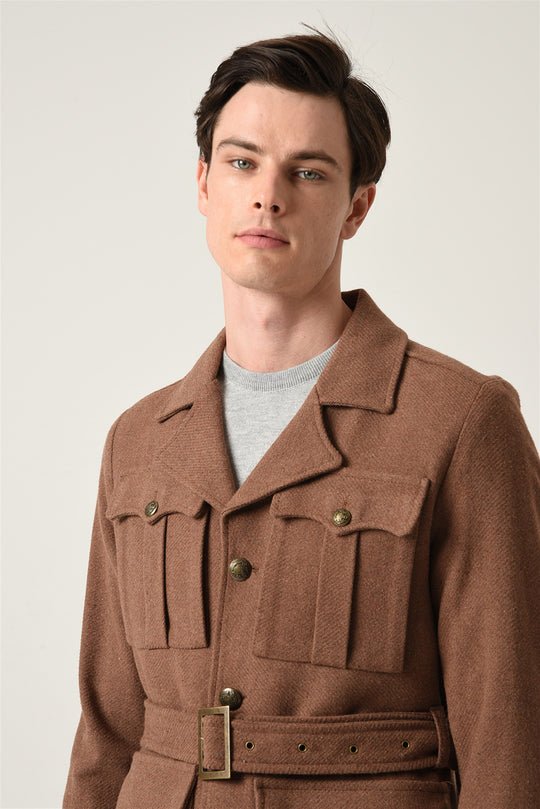 Men's Brown Camp Collar Belt Detailed Seasonal Coat - Wessi