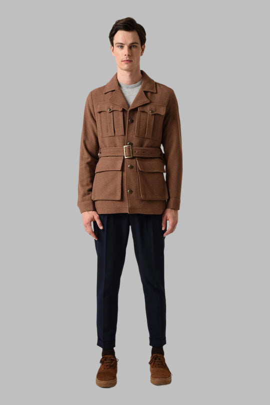 Men's Brown Camp Collar Belt Detailed Seasonal Coat - Wessi